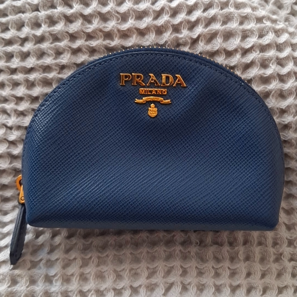 Prada Blue Saffiano leather and gold harware coin purse with  key ring